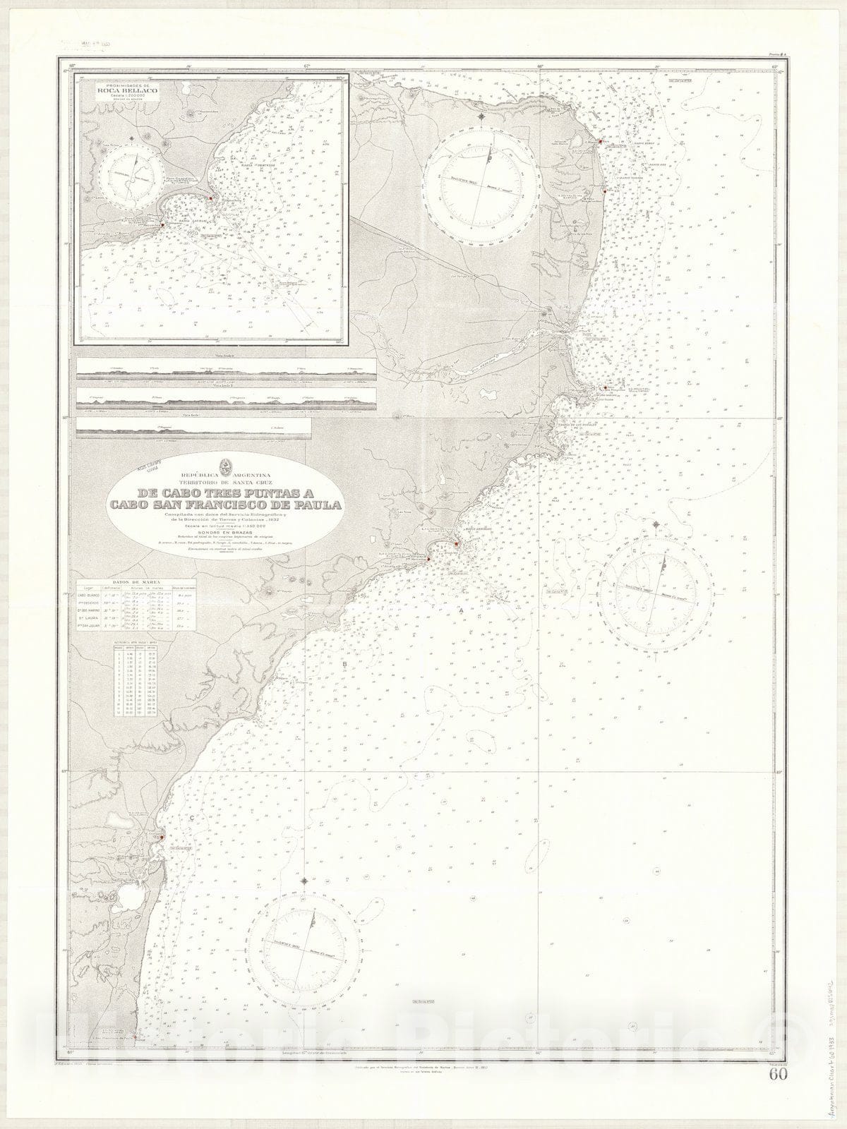 Map : Puerto Deseado, Argentina 1933, Republica Argentina, Territorio de Santa Cruz, de Cabo Tres Puntas a Cabo San Francisco de Paula , Antique Vintage Reproduction