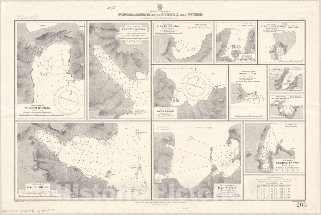 Map : Tierra del Fuego 1933, Republica de Chile, fondeaderos en la Tierra del Fuego , Antique Vintage Reproduction