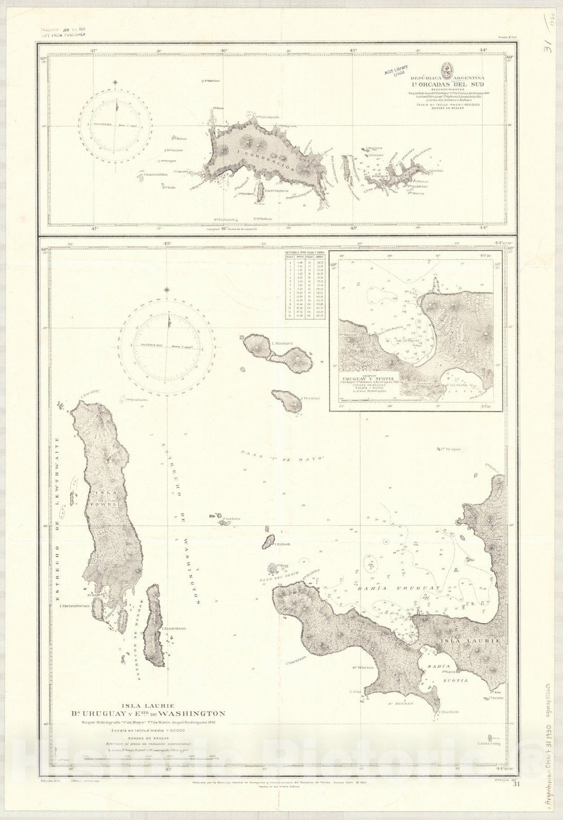 Map : Argentina coast 1930, Republica Argentina, Is. Orcadas del Sud , Antique Vintage Reproduction