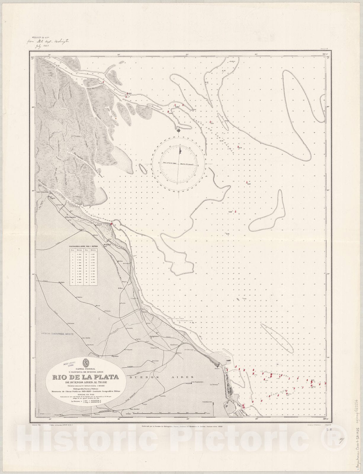 Map : Rio de la Plata, Argentina 1925, Captial Federal y Provincia de Buenos Aires, Rio de la Plata, de Buenos Aires al Tigre , Antique Vintage Reproduction