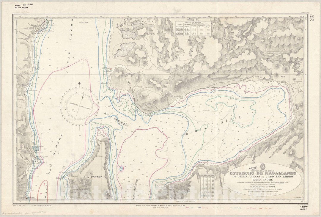 Map : Strait of Magellan 1945, Republica de Chile, Estrecho de Magallanes de Punta Arenas a Cabo San Isidro, Bahia Inutil , Antique Vintage Reproduction