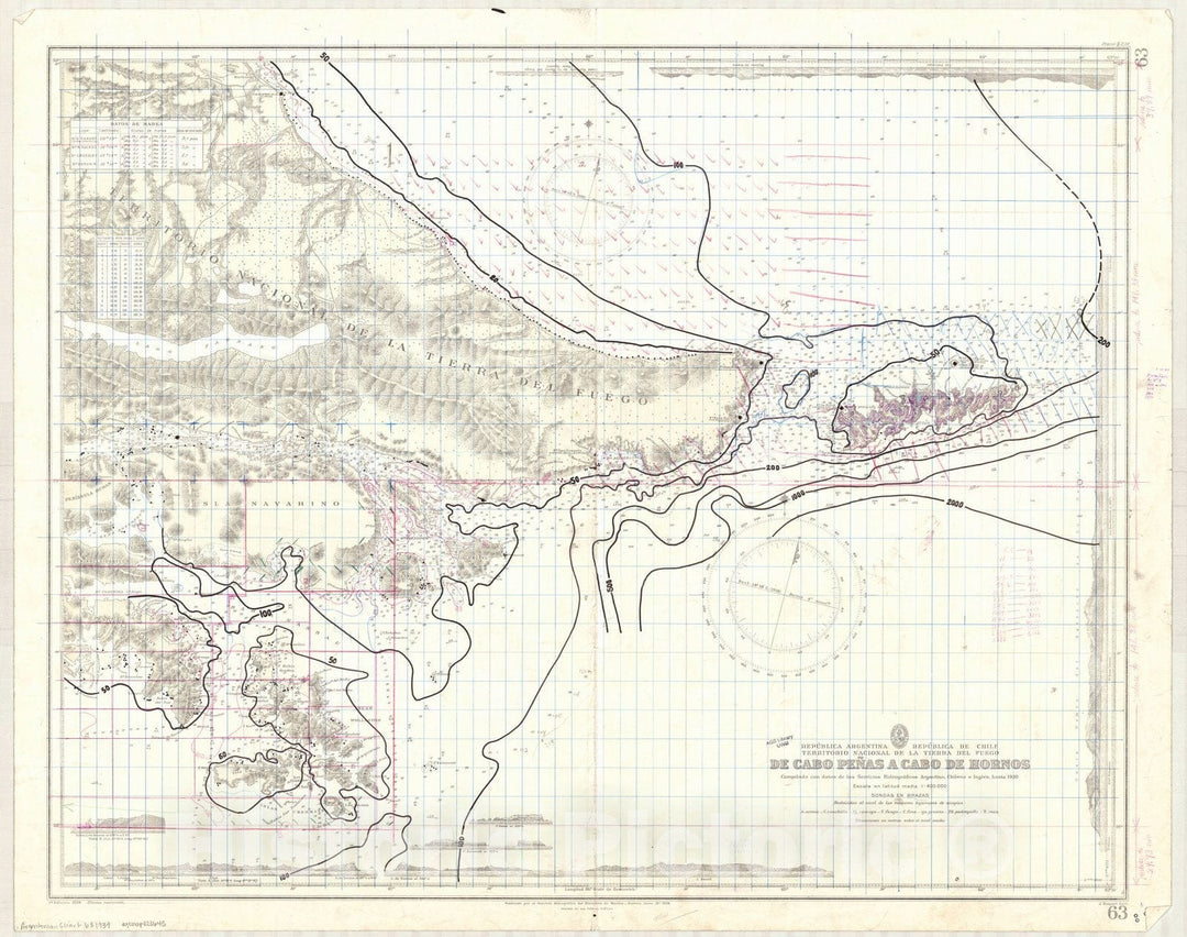 Historic Map : Cape Horn, Chile 1939, Republica Argentina, Republica de Chile, Territorio Nacional de la Tierra del Fuego, de Cabo Penas a Cabo de Hornos , Antique Vintage Reproduction