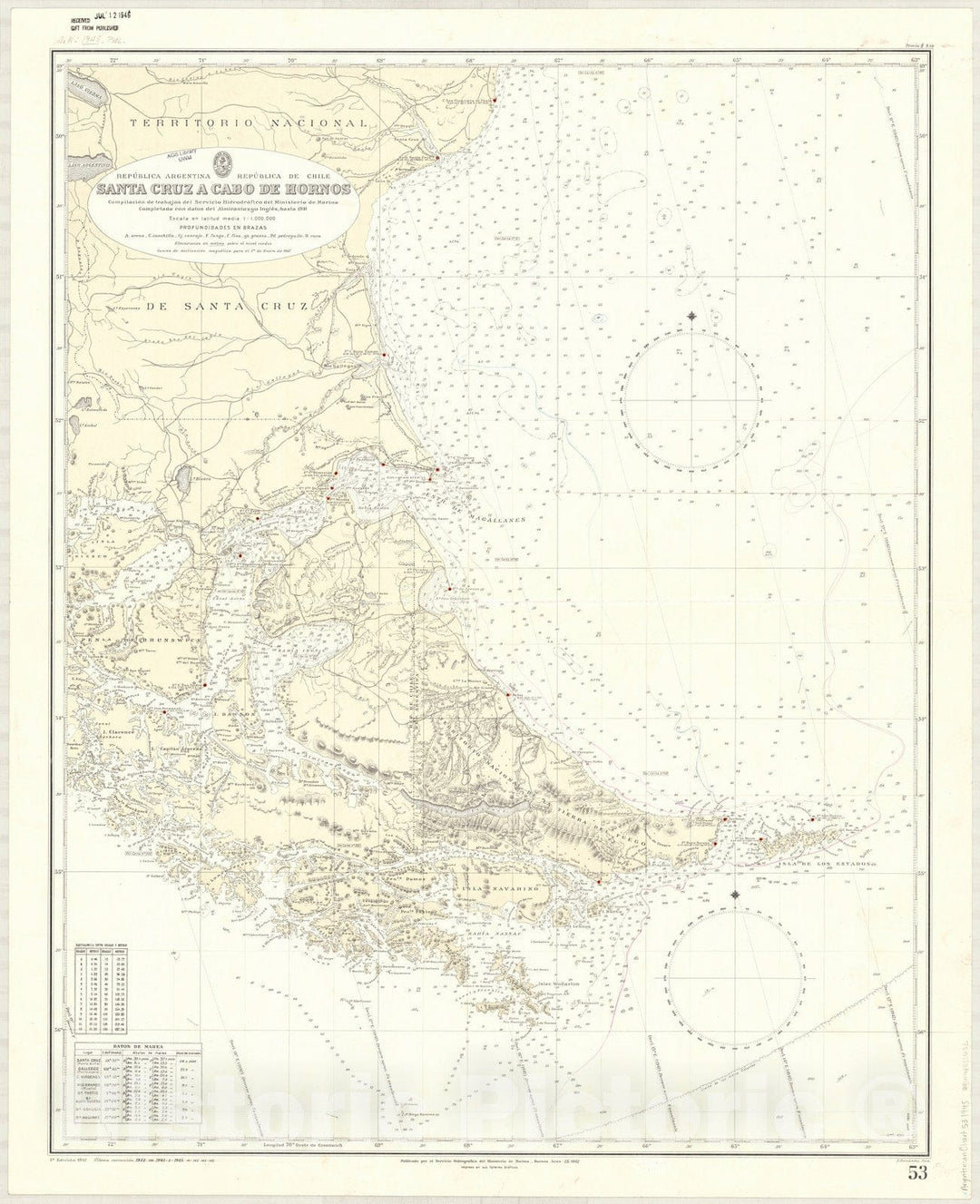 Map : Tierra del Fuego 1945, Republica Argentina, Republica de Chile, Santa Cruz a Cabo de Hornos , Antique Vintage Reproduction