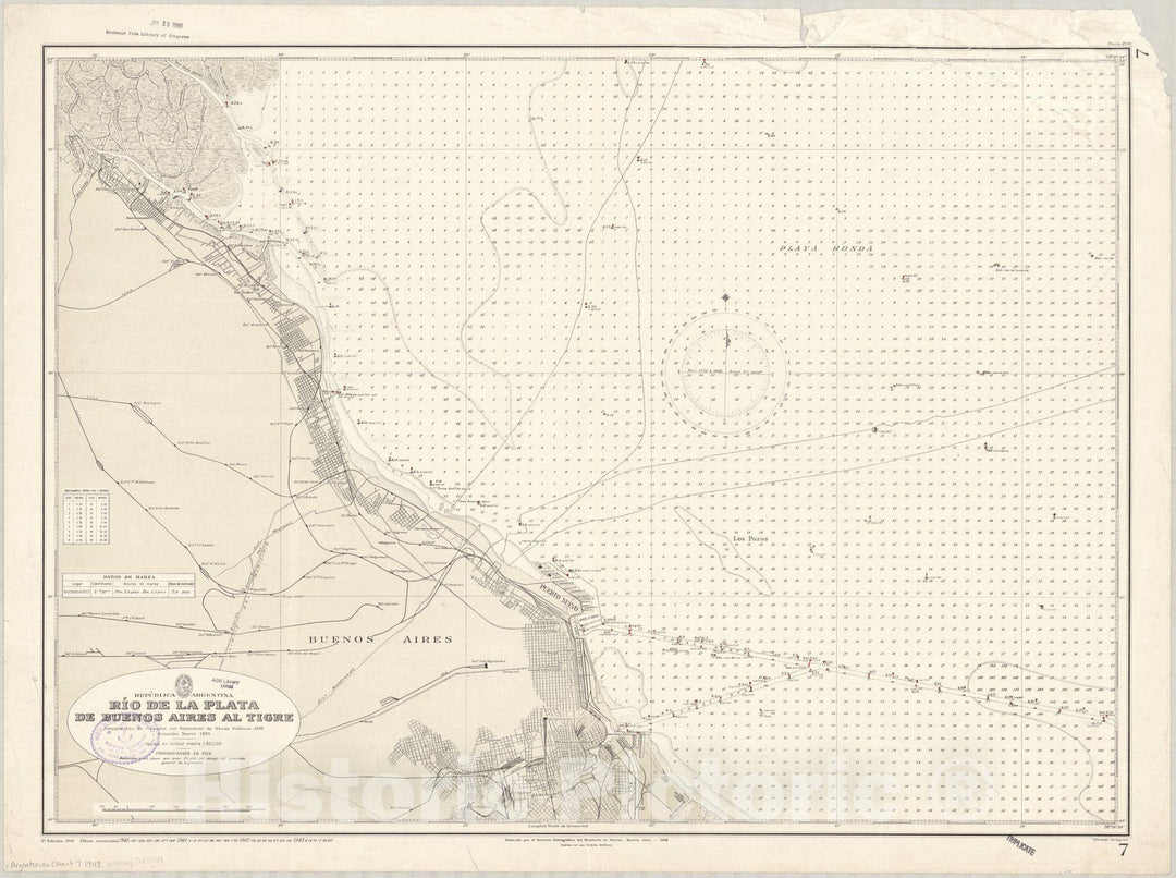 Map : Buenos Aires, Argentina 1943, Republica Argentina, Rio de la Plata de Buenos Aires al Tigre , Antique Vintage Reproduction