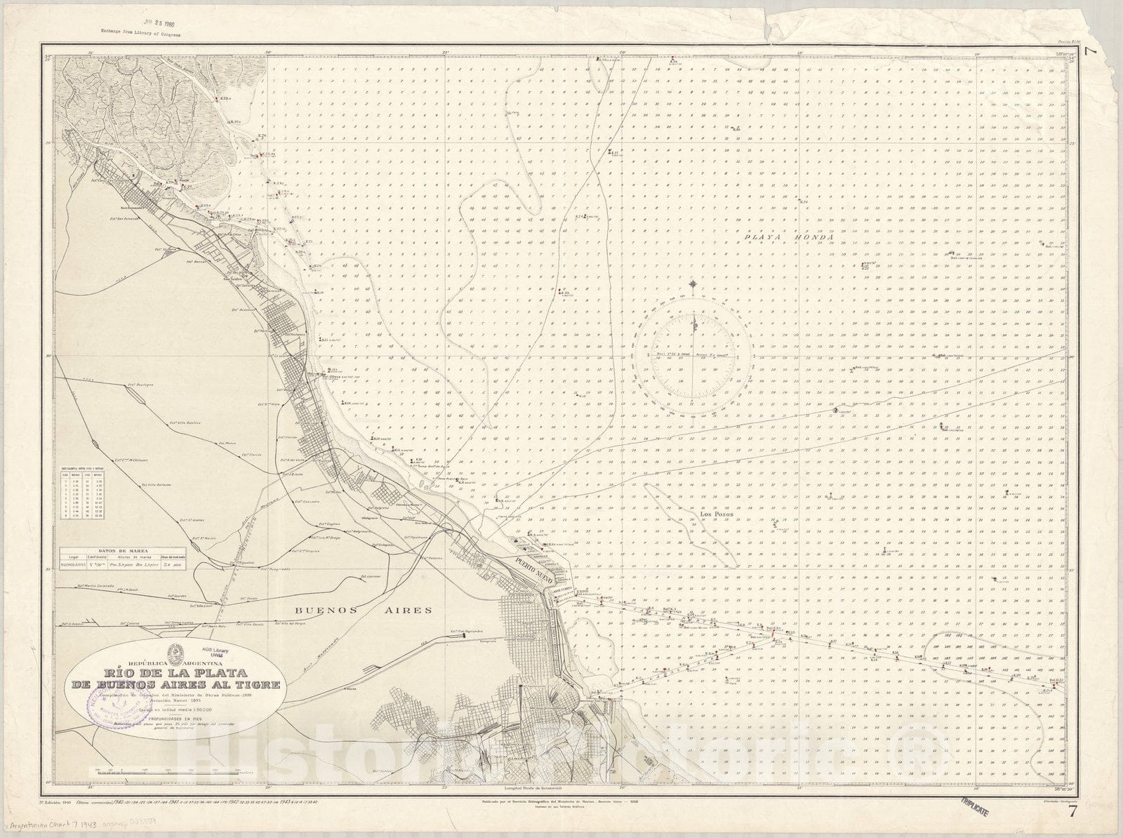 Map : Buenos Aires, Argentina 1943, Republica Argentina, Rio de la Plata de Buenos Aires al Tigre , Antique Vintage Reproduction