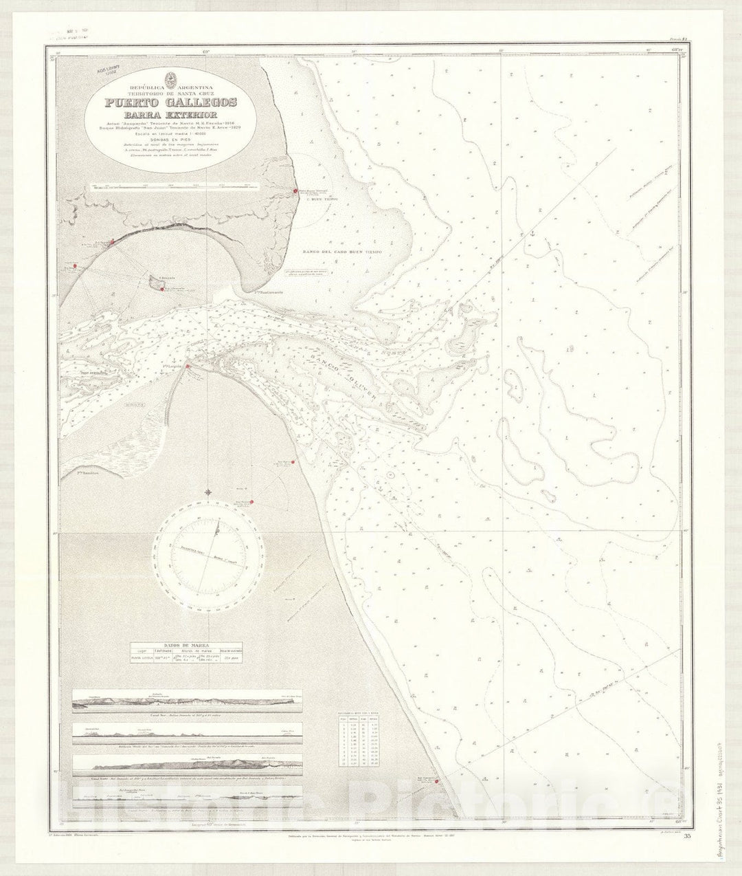 Map : Rio Gallegos, Argentina 1931, Republica Argentina, Territorio de Santa Cruz, Puerto Gallegos, barra exterior , Antique Vintage Reproduction