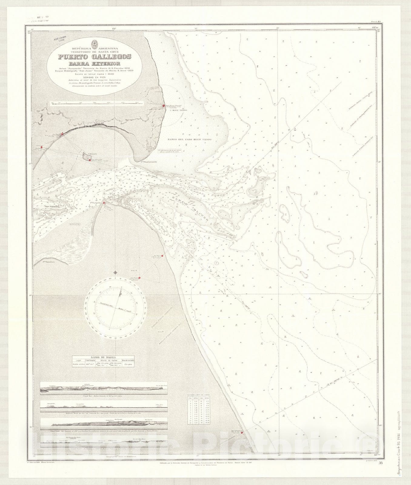 Map : Rio Gallegos, Argentina 1931, Republica Argentina, Territorio de Santa Cruz, Puerto Gallegos, barra exterior , Antique Vintage Reproduction