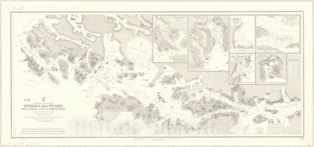 Map : Tierra del Fuego 1931, Republica de Chile, Tierra del Fuego, Isla Chair a Canal Brecknock , Antique Vintage Reproduction