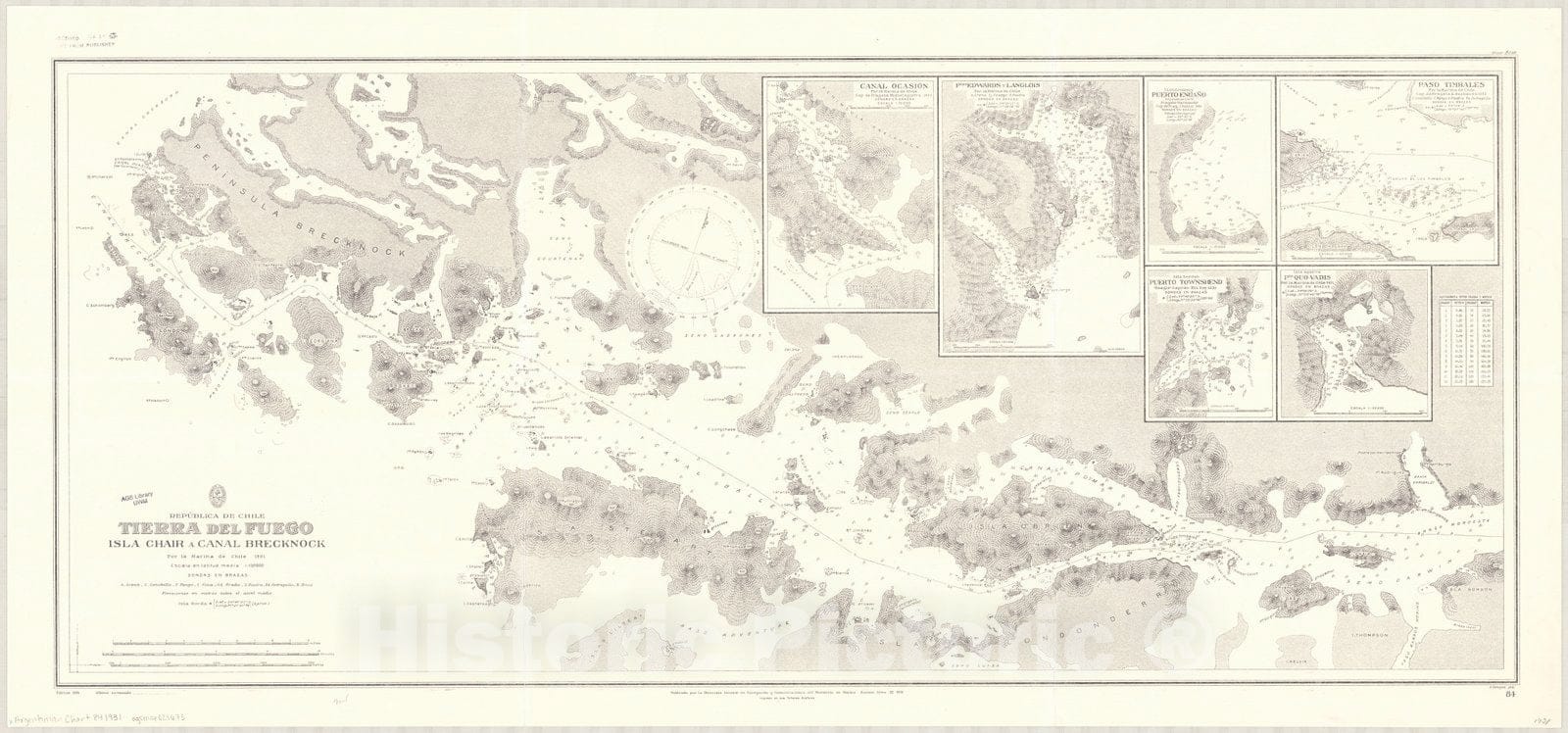 Map : Tierra del Fuego 1931, Republica de Chile, Tierra del Fuego, Isla Chair a Canal Brecknock , Antique Vintage Reproduction