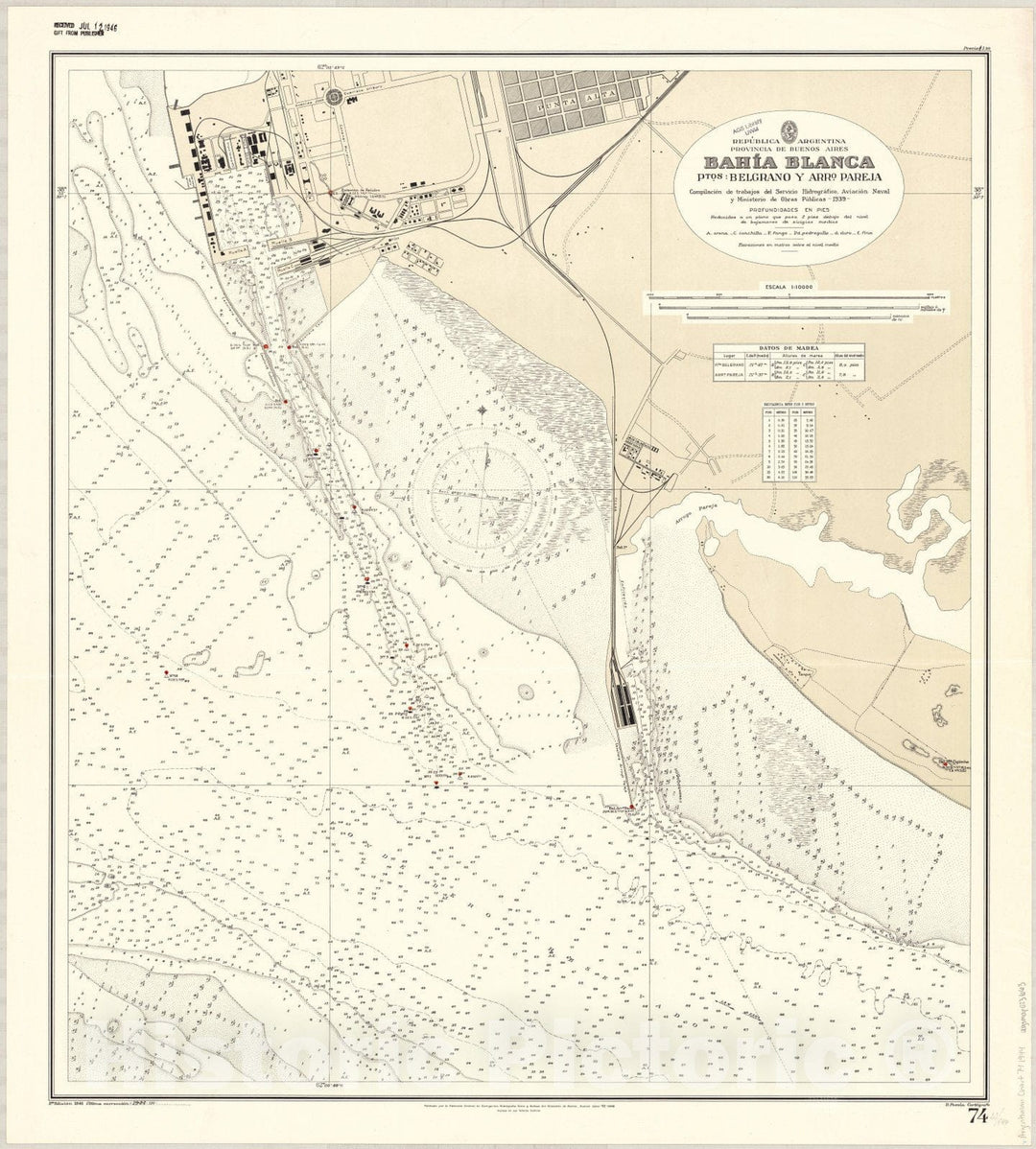 Map : Bahia Blanca, Argentina 1944, Republica Argentina, Provincia de Buenos Aires, Bahia Blanca, Ptos. Belgrano y Arro. Pareja , Antique Vintage Reproduction