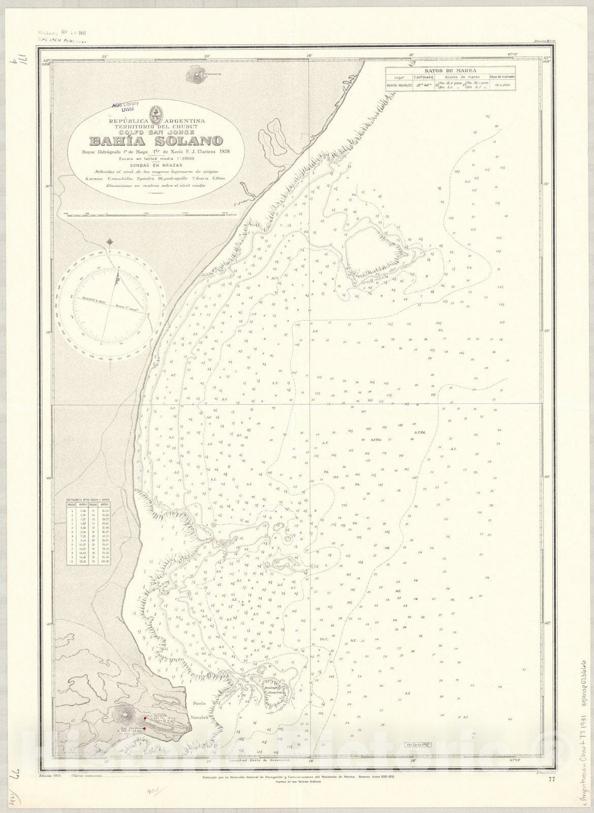 Map : San Jose Bay, Argentina 1931, Republica Argentina, Territorio del Chubut, Golfo San Jorge, Bahia Solano , Antique Vintage Reproduction