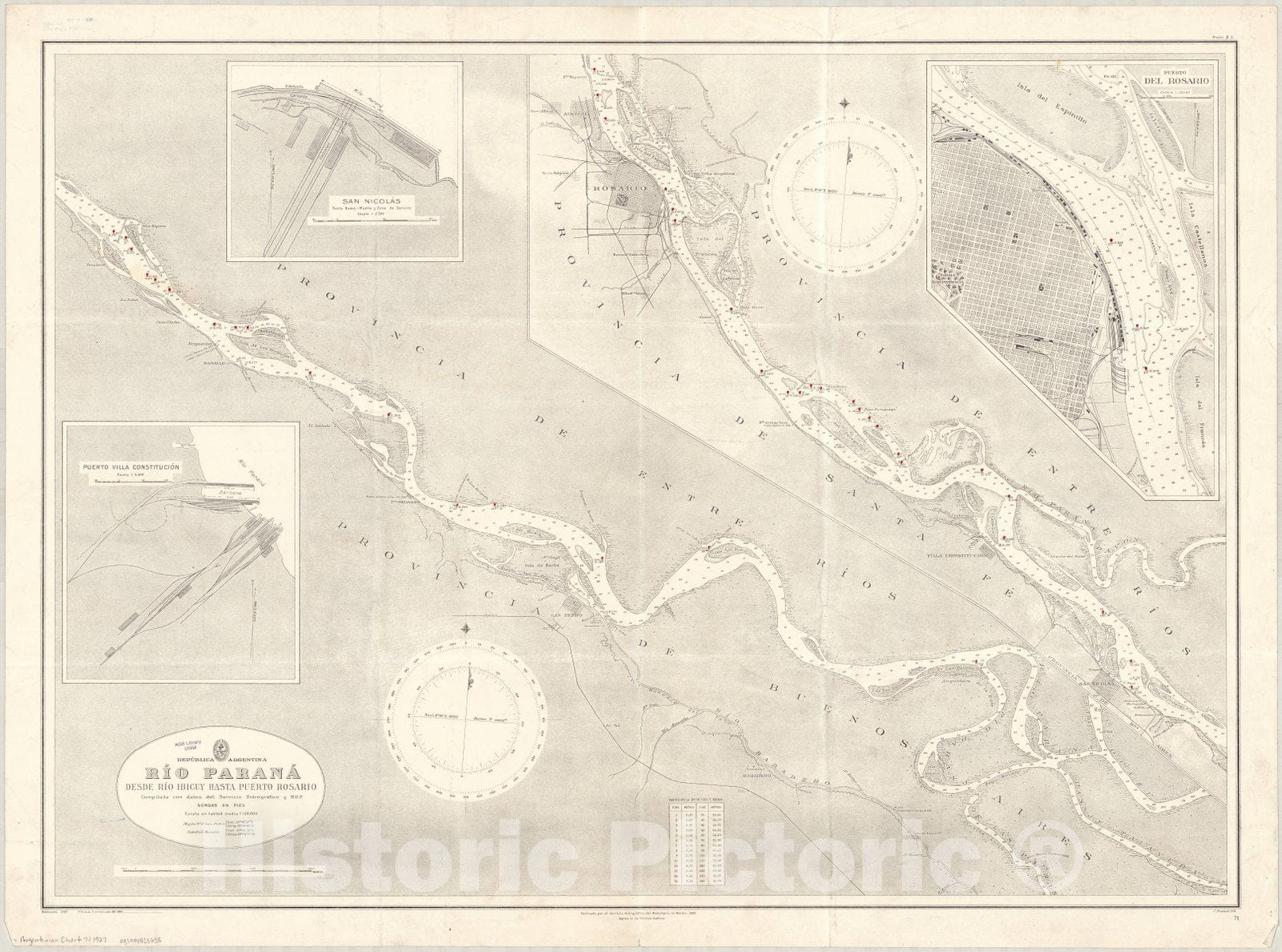 Map : Parana River, Brazil and Argentina 1927, Republica Argentina, Rio Parana, desde Rio Ibicuy hasta Puerto Rosario , Antique Vintage Reproduction