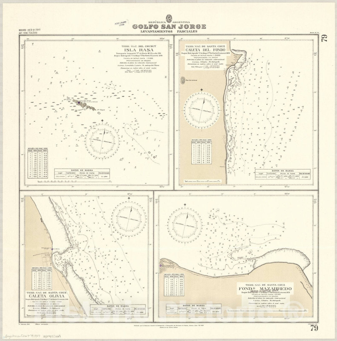 Map : San Jose Bay, Argentina 1947, Republica Argentina, Golfo San Jorge, levantamientos parciales , Antique Vintage Reproduction