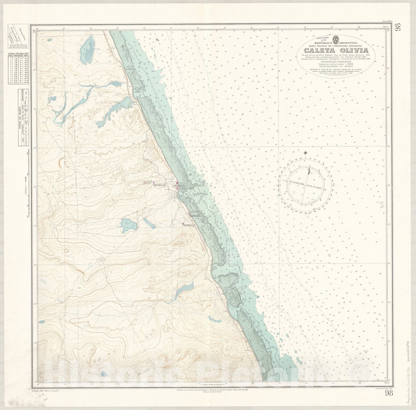 Map : Caleta Olivia, Argentina 1952, Republica Argentina, zona militar de Comodoro Rivadavia, Caleta Olivia , Antique Vintage Reproduction