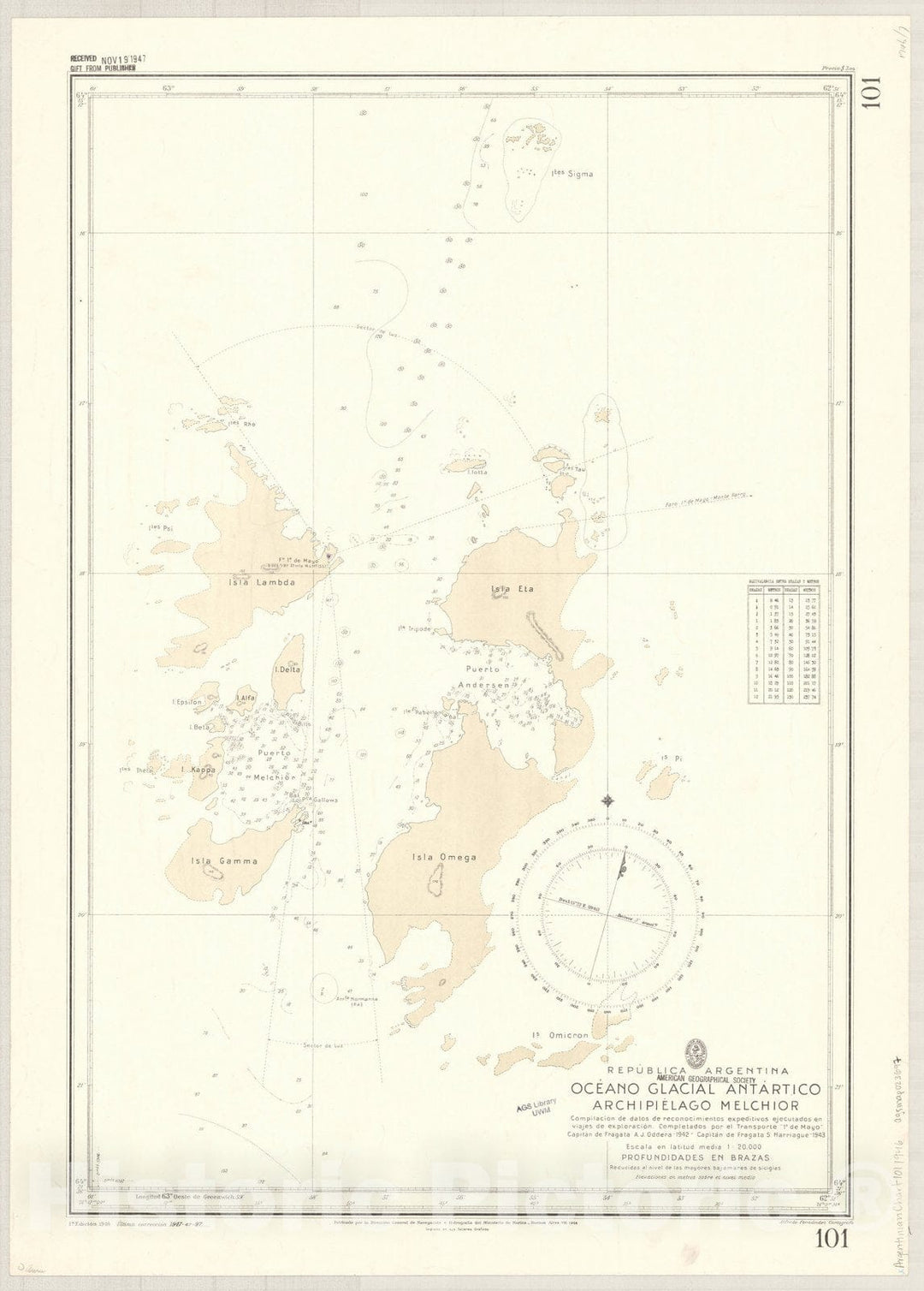 Map : Melchior Islands, Antarctica 1947, Republica Argentina, Oceano Glacial Antartico, Archipielago Melchior , Antique Vintage Reproduction