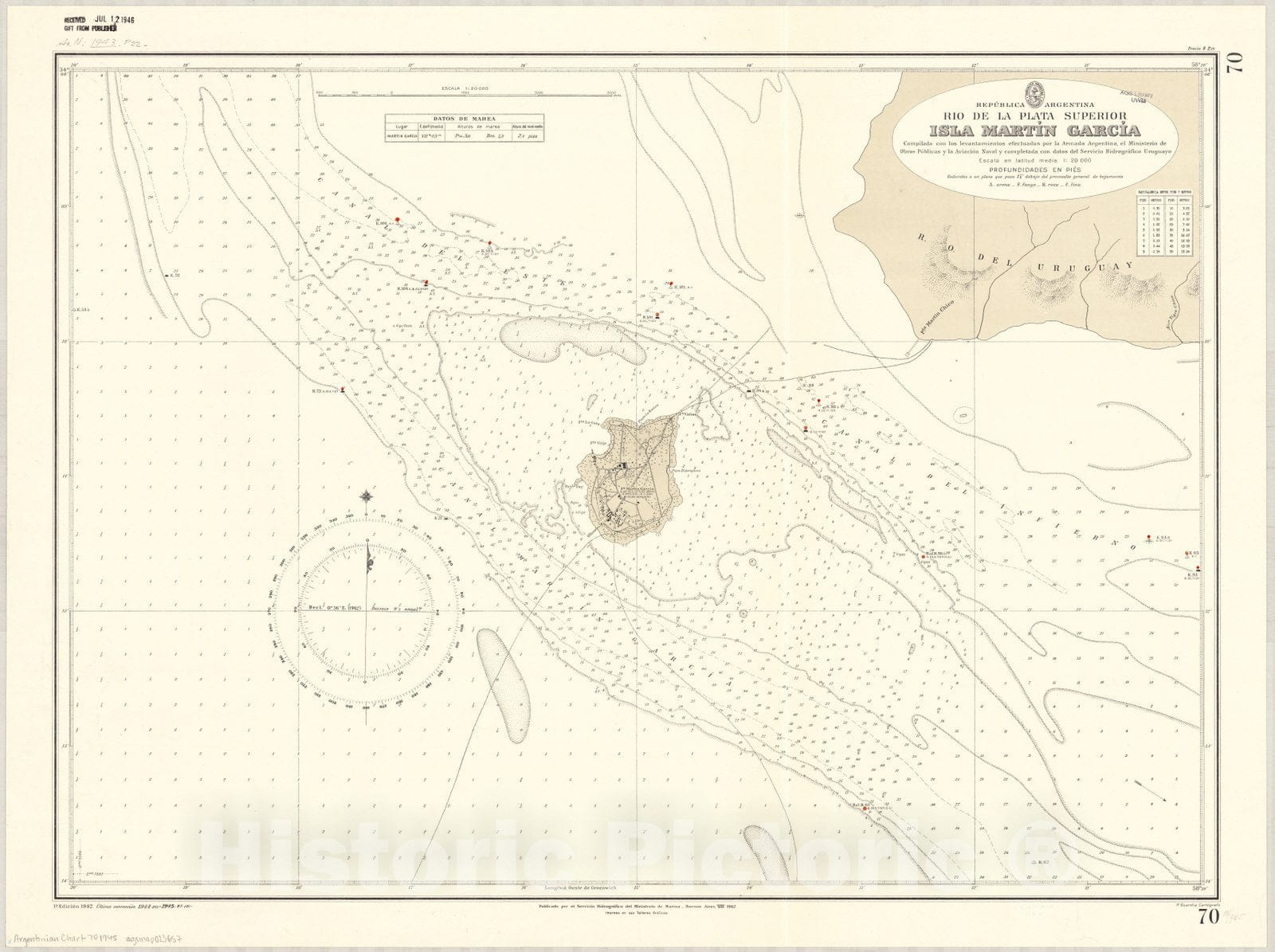 Map : Martin Garcia Island, Buenos Aires, Argentina 1945, Republica Argentina, Rio de la Plata superior, Isla Martin Garcia , Antique Vintage Reproduction