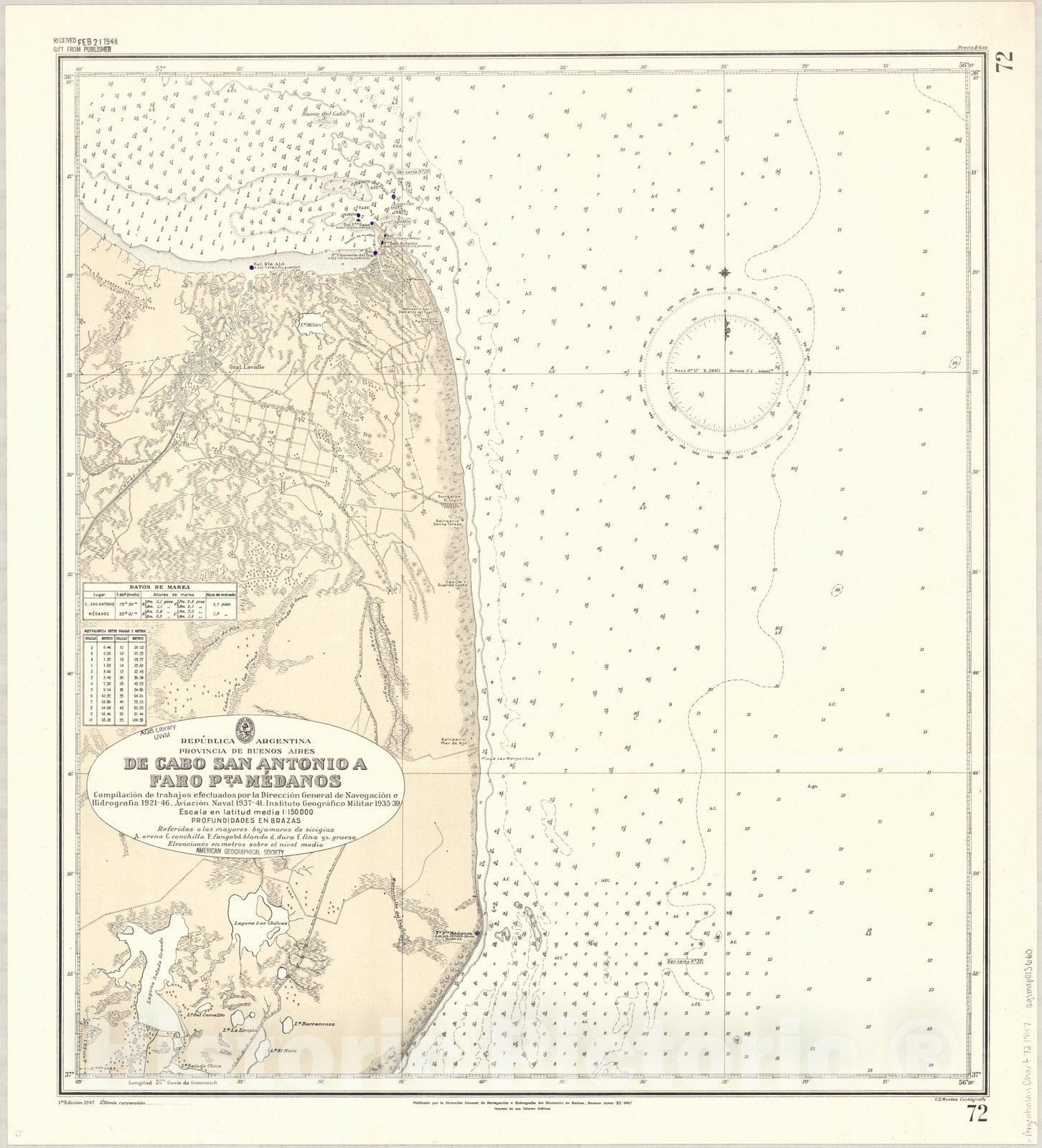 Map : San Clemente del Tuyu, Argentina 1947, Republica Argentina, Provincia de Buenos Aires, de Cabo San Antonio a Faro Pta. Medanos , Antique Vintage Reproduction