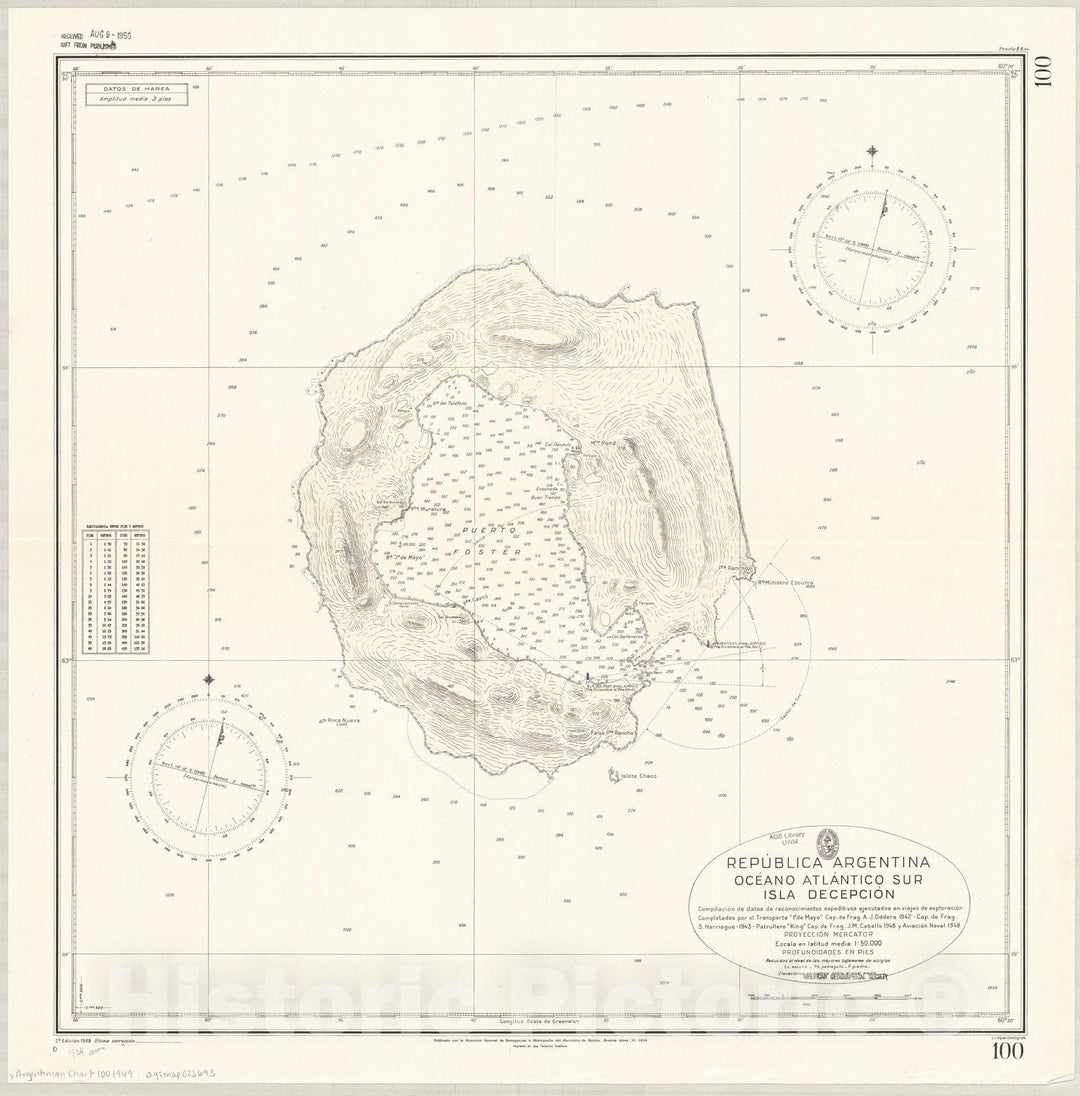 Map : Deception Island, Antarctica 1949, Republica Argentina, Oceano Atlantico sur, Isla Decepcion , Antique Vintage Reproduction