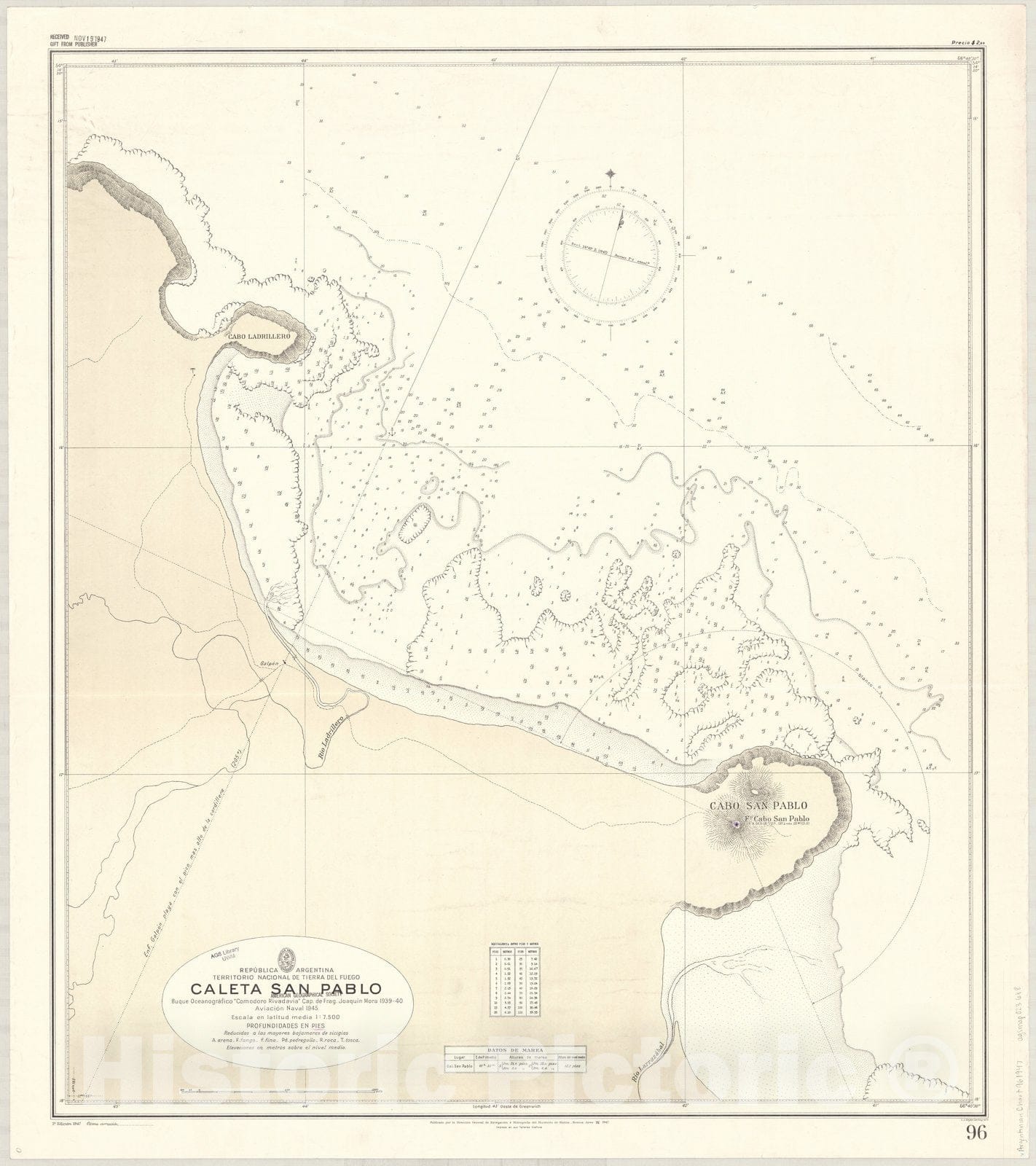 Map : Cabo San Pablo, Argentina 1947, Republica Argentina, Territorio Nacional de Tierra del Fuego, Caleta San Pablo , Antique Vintage Reproduction