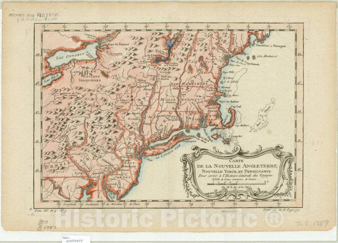 Historic Map : New England 1774, Carte de la Nouvelle Angleterre, Nouvelle Yorck et Pensilvanie : pour servir a l'Histoire generale des voyages 1757 , Antique Vintage Reproduction