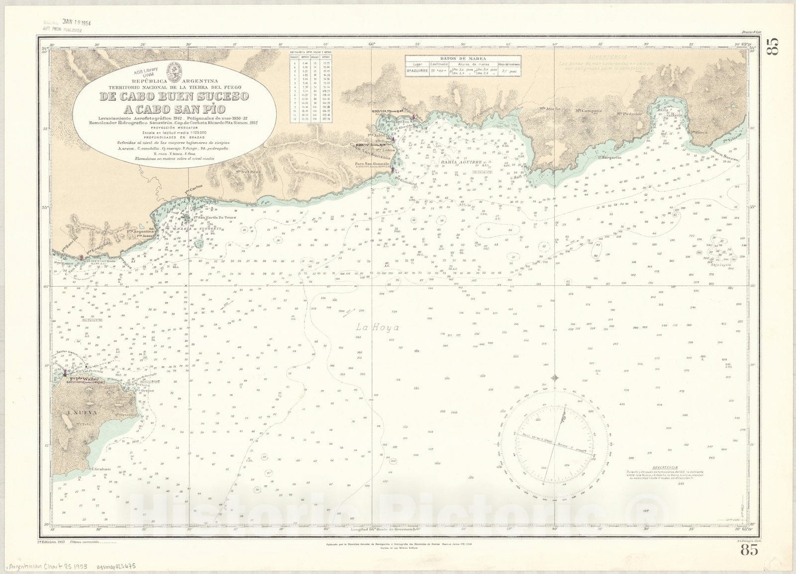 Map : Bahia Aguirre, Argentina 1953, Republica Argentina, Territorio Nacional de la Tierra del Fuego, de Cabo Buen Suceso a Cabo san Pio , Antique Vintage Reproduction