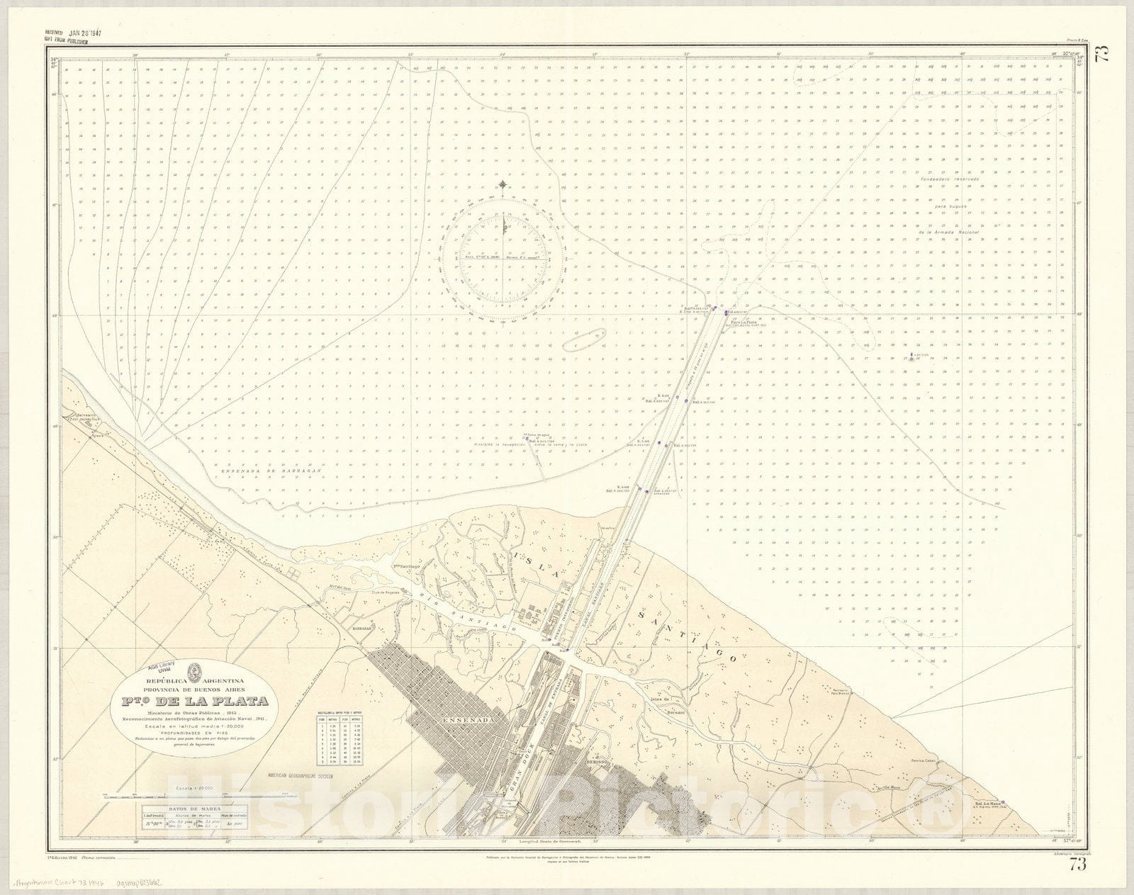 Map : Ensenada, Buenos Aires, Argentina 1946, Republica Argentina, Provincia de Buenos Aires, Pto. de la Plata , Antique Vintage Reproduction