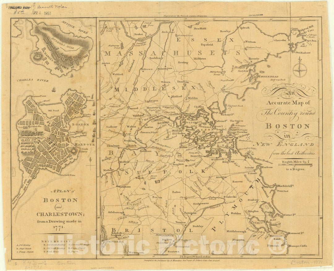 Map : Boston, Massachusetts 1776, An accurate map of the country round Boston in New England : from the best authorities, Antique Vintage Reproduction