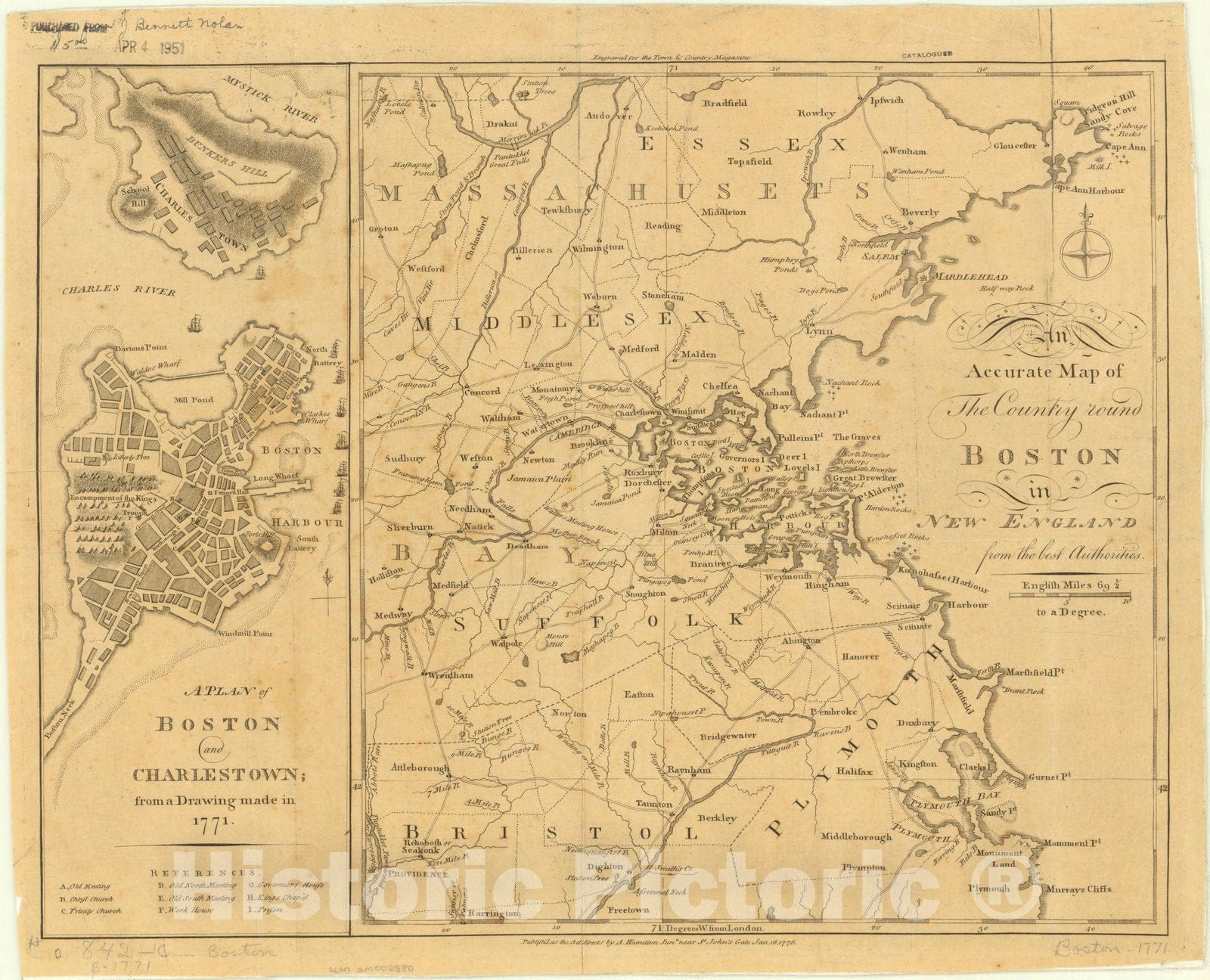 Map : Boston, Massachusetts 1776, An accurate map of the country round Boston in New England : from the best authorities, Antique Vintage Reproduction