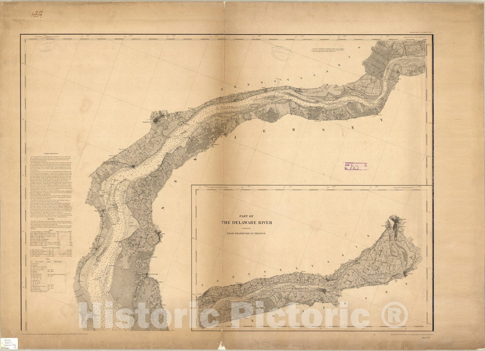 Map : Delaware Bay 1848, Map of Delaware Bay and River , Antique Vintage Reproduction