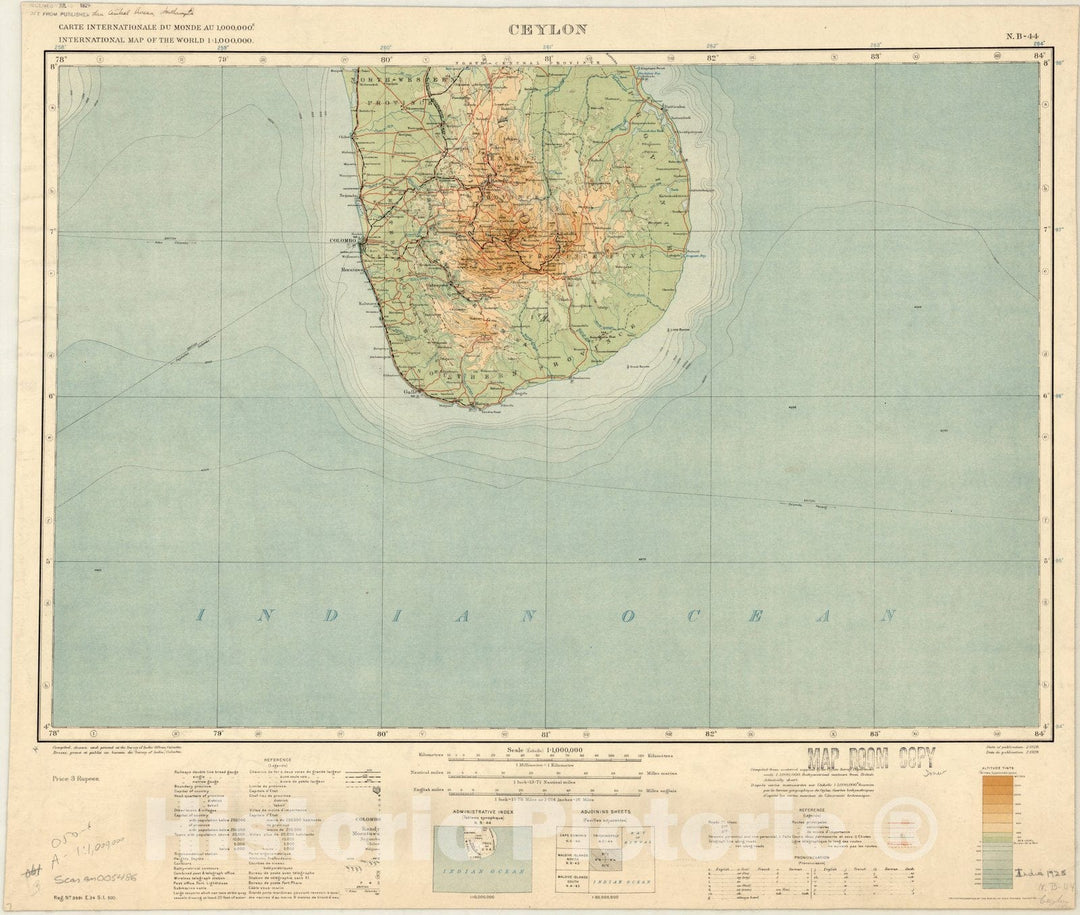 Map : Sri Lanka 1928, Carte Internationale du Monde au 1,000,000, International map of the world 1:1,000,000 Ceylon N.B-44, Antique Vintage Reproduction