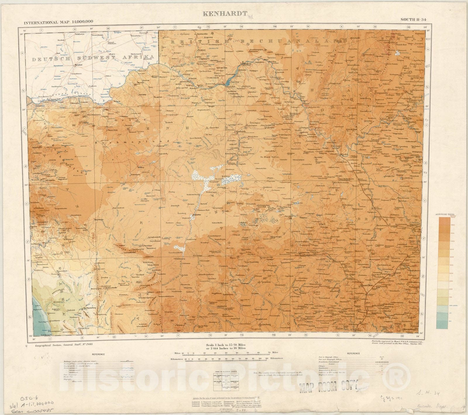 Map : Kenhardt, South Africa 1911, International map 1:1,000,000 Kenhardt south H-34, Antique Vintage Reproduction