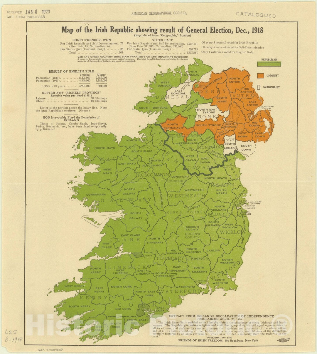 Map : Ireland 1918, Map of the Irish republic showing result of general election, Dec., 1918, Antique Vintage Reproduction