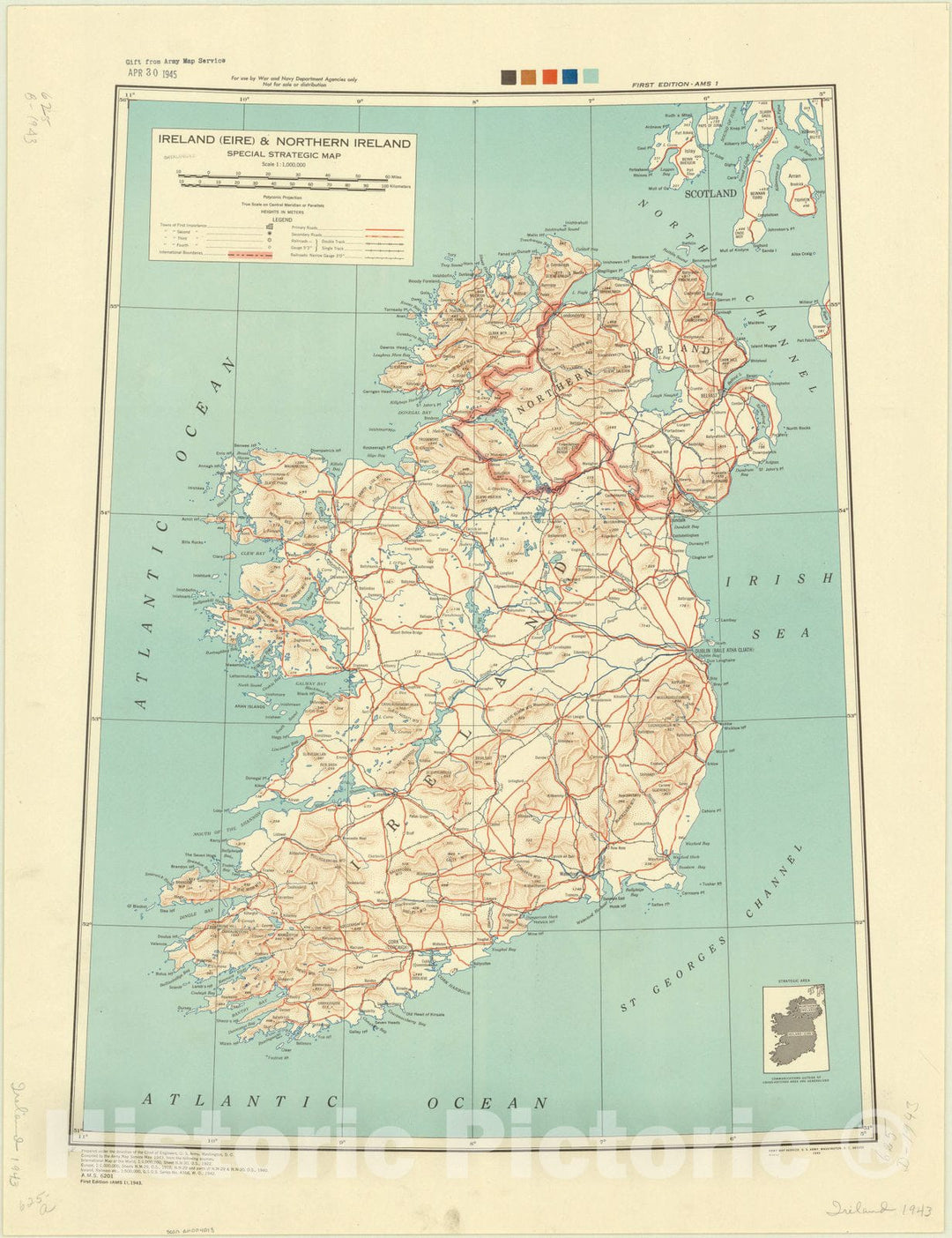 Map : Ireland 1943, Ireland (Eire) & Northern Ireland : special strategic map , Antique Vintage Reproduction