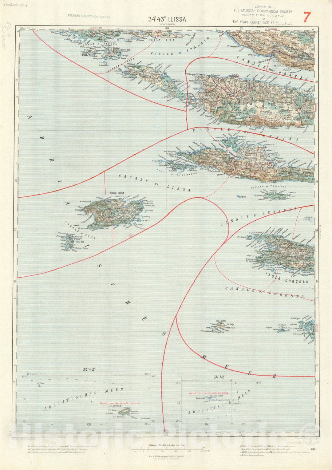 Map : I. Lissa (Vis), Croatia 1914, Generalkarte von Mitteleuropa, Antique Vintage Reproduction