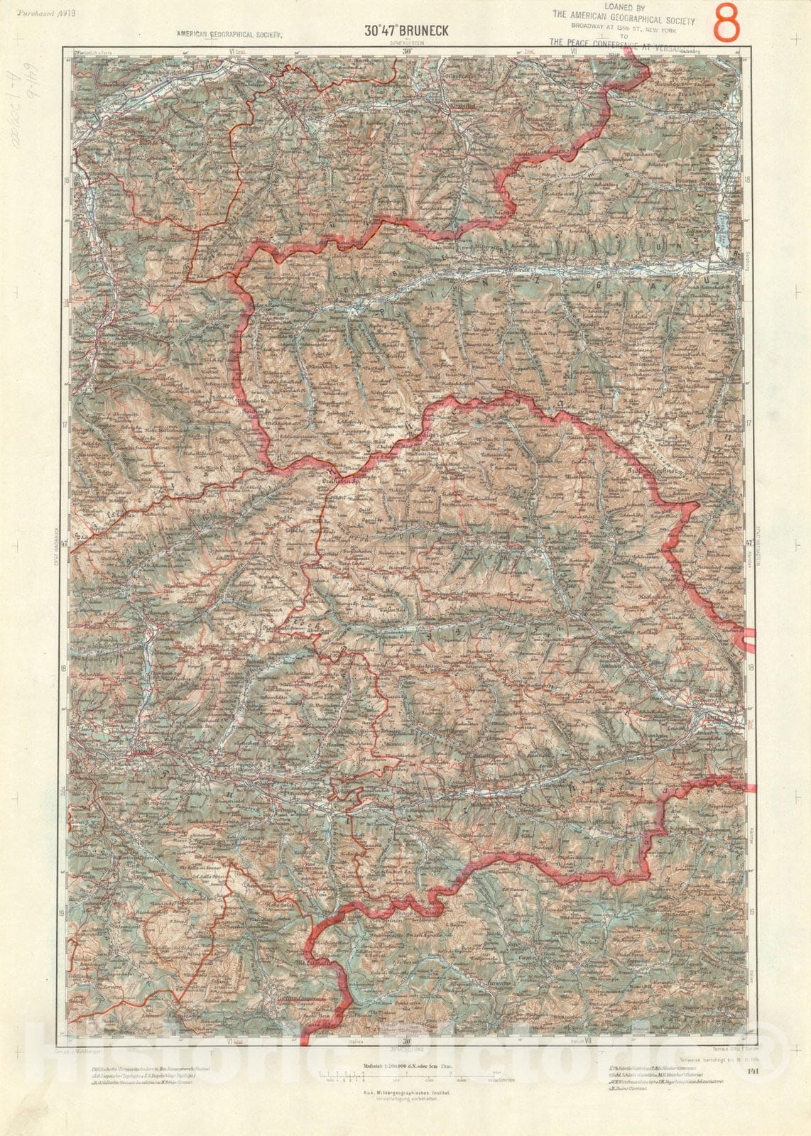 Map : Bruneck, Italy 1914, Generalkarte von Mitteleuropa, Antique Vintage Reproduction