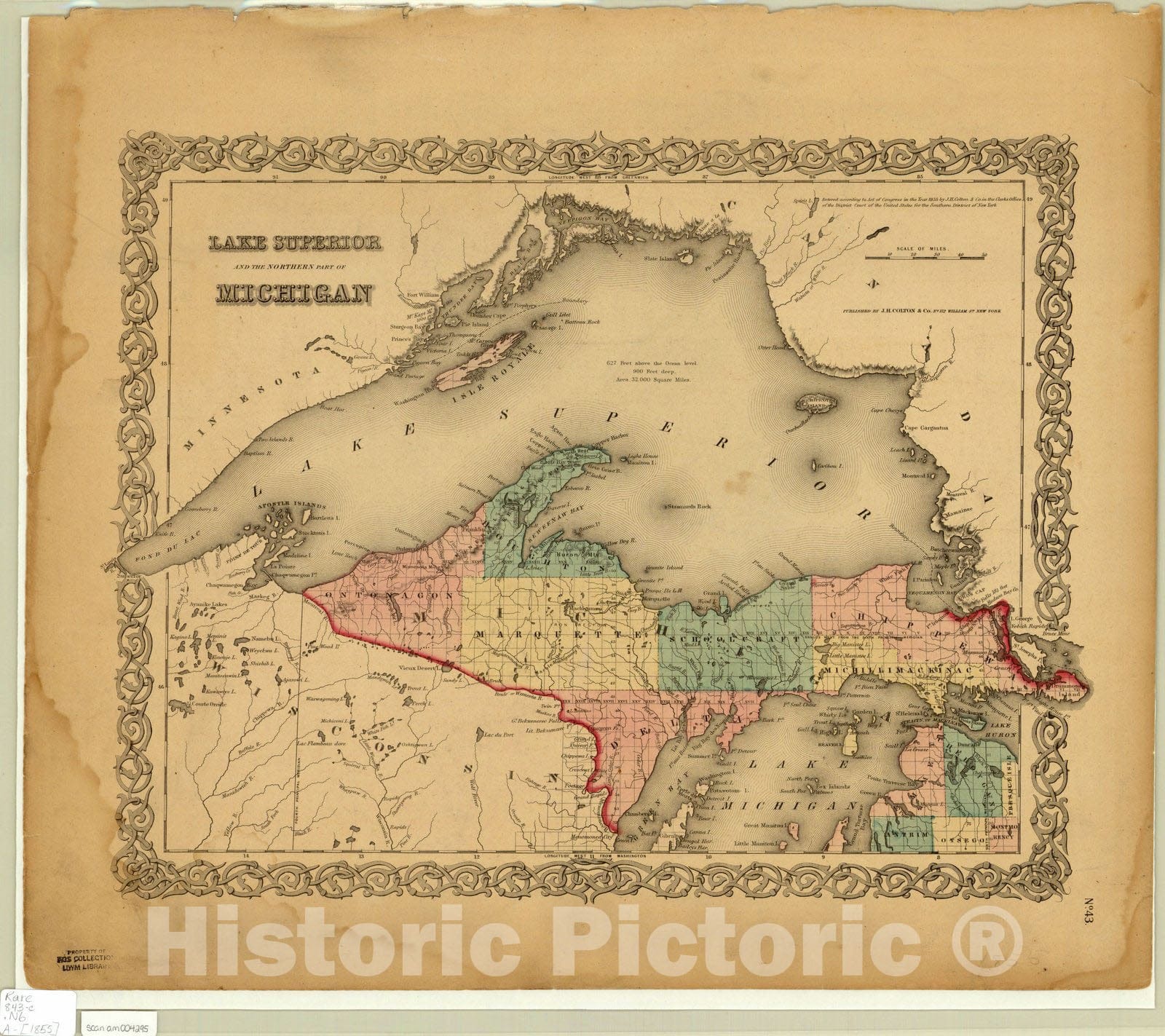 Map : Upper Peninsula Michigan 1855, Lake Superior and the northern part of Michigan, Antique Vintage Reproduction