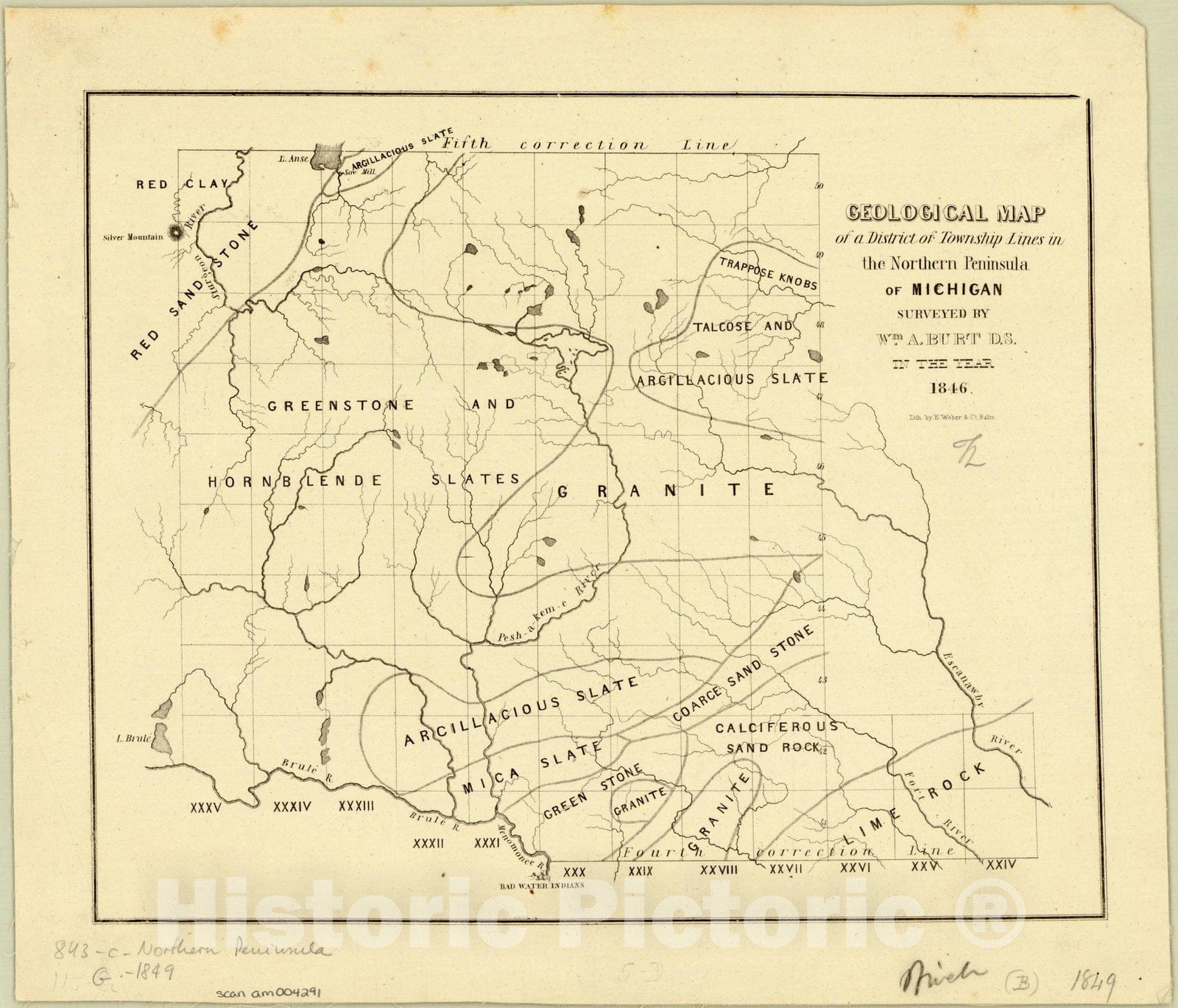 Map : Upper Peninsula Michigan 1849, Geological map of a district of township lines in the northern peninsula of Michigan, Antique Vintage Reproduction