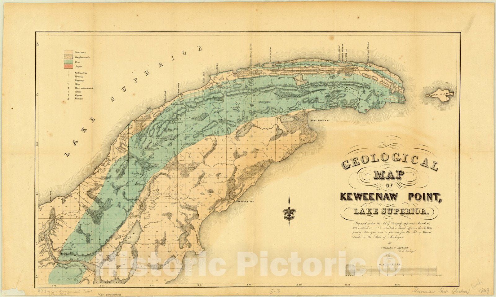 Map : Keweenaw Peninsula, Michigan 1849 2, Geological map of Keweenaw Point, Lake Superior , Antique Vintage Reproduction