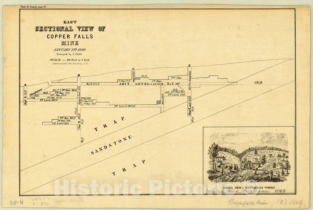 Map : Copper Falls, Michigan 1849, East sectional view of Copper Falls Mine, January 13, 1849 , Antique Vintage Reproduction