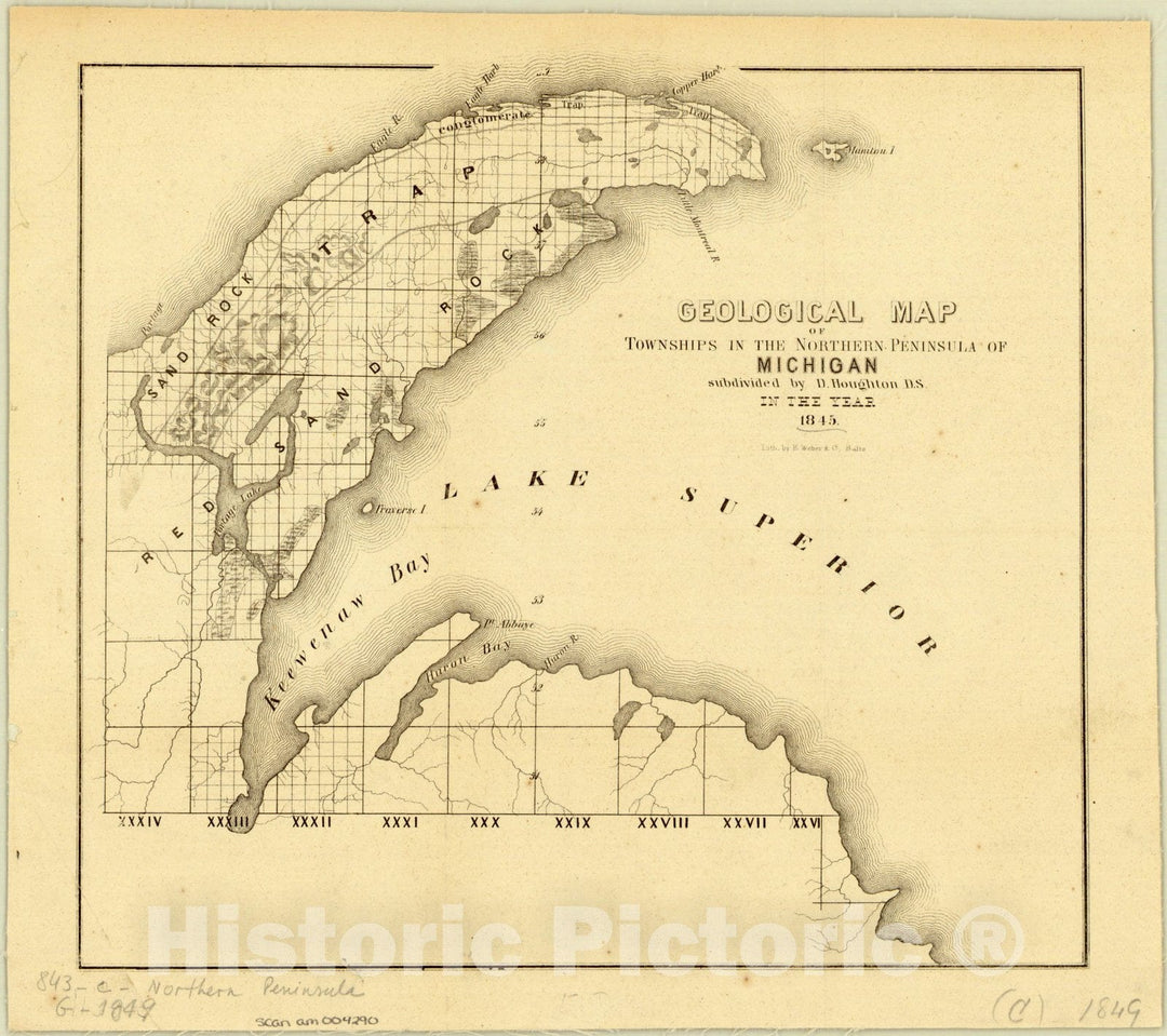 Map : Upper Peninsula Michigan 1849, Geological map of townships in the northern peninsula of Michigan : subdivided by D. Houghton D.S. in the year 1845