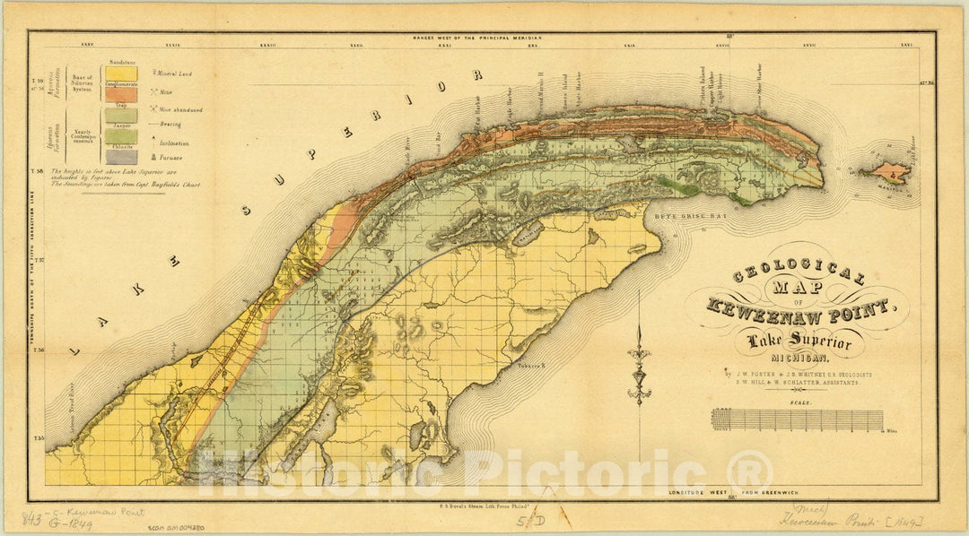 Map : Keweenaw Peninsula, Michigan 1849 3, Geological map of Keweenaw Point, Lake Superior , Antique Vintage Reproduction