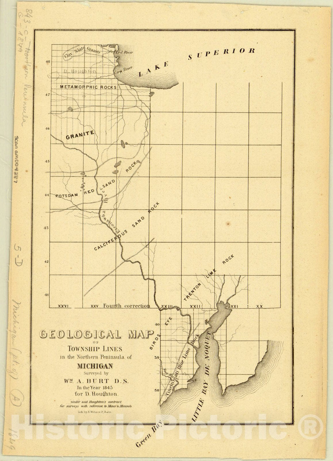 Map : Upper Peninsula Michigan 1849, Geological map of township lines in the northern peninsula of Michigan, Antique Vintage Reproduction