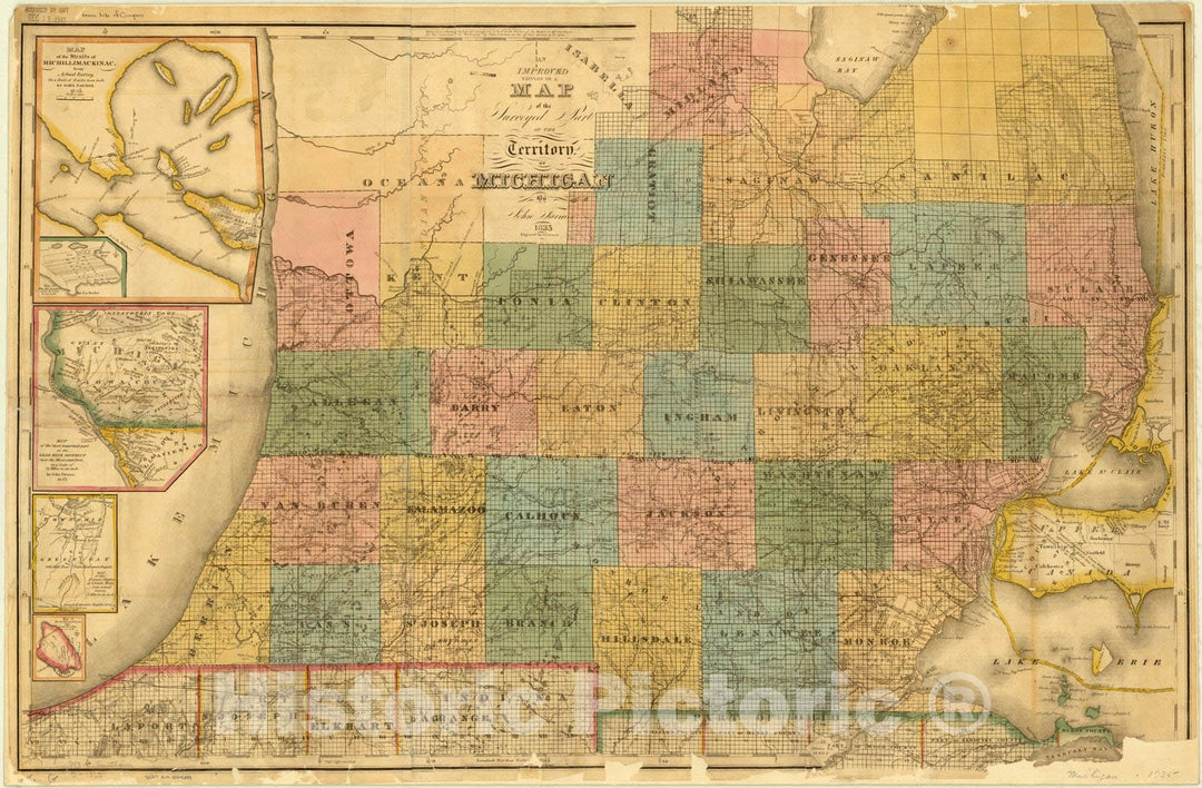 Map : Michigan 1835, An improved edition of a map of the surveyed part of the Territory of Michigan , Antique Vintage Reproduction