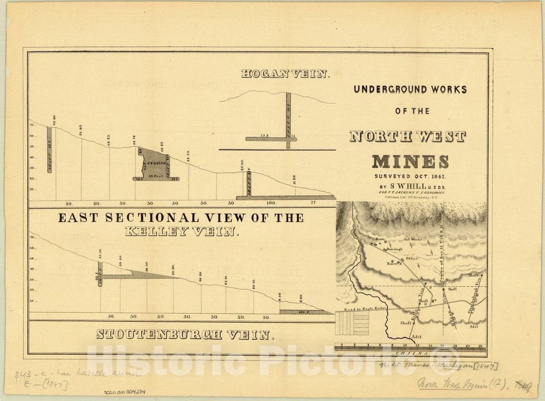 Map : Michigan 1849, Underground works of the North West Mines , Antique Vintage Reproduction