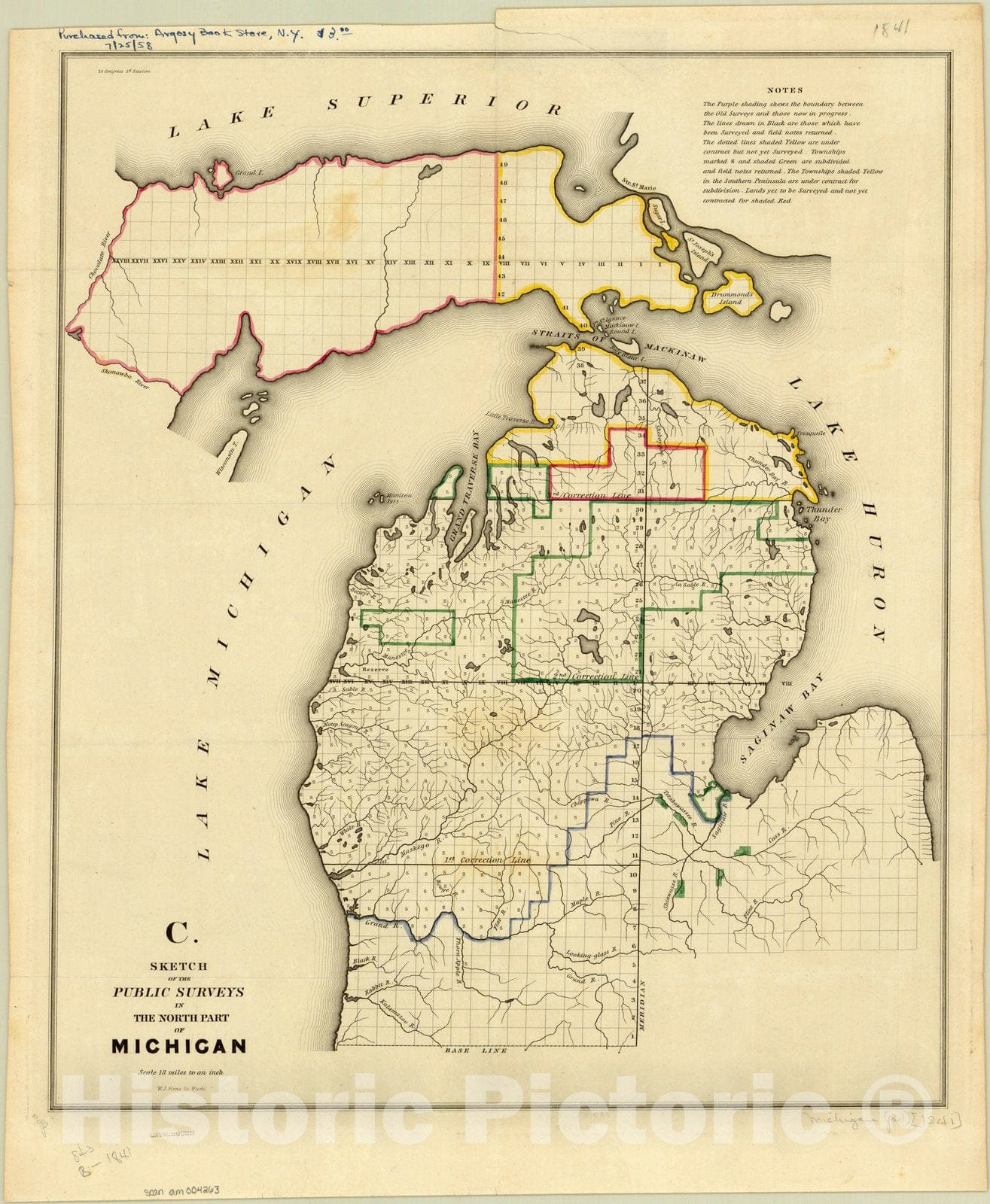 Map : Michigan 1841, C. sketch of the public surveys in the north part of Michigan , Antique Vintage Reproduction