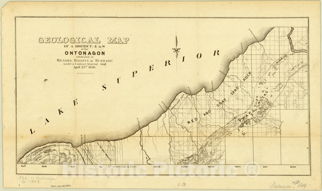 Map : Ontonagon county, Michigan 1849, Geological map of a district, E. & W. of the Ontonagon, Antique Vintage Reproduction