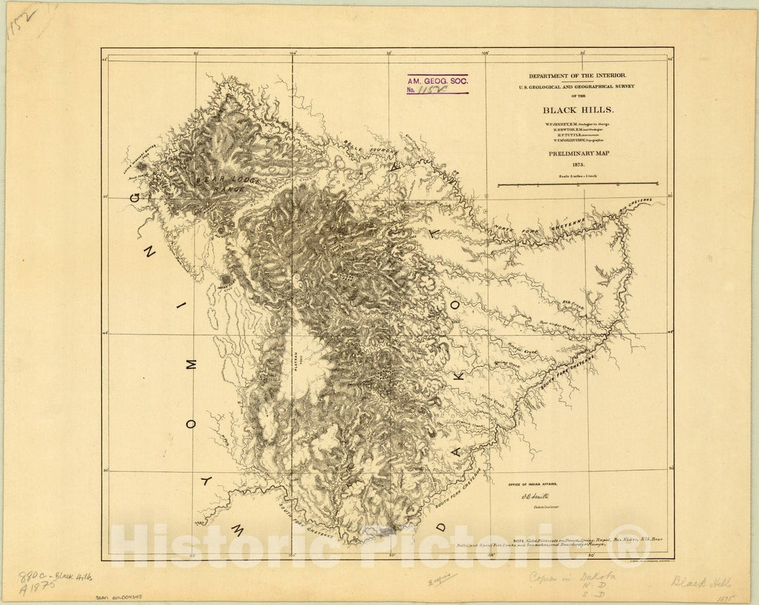 Map : Black Hills, South Dakota 1875, U.S. Geological and Geographical Survey of the Black Hills : preliminary map , Antique Vintage Reproduction