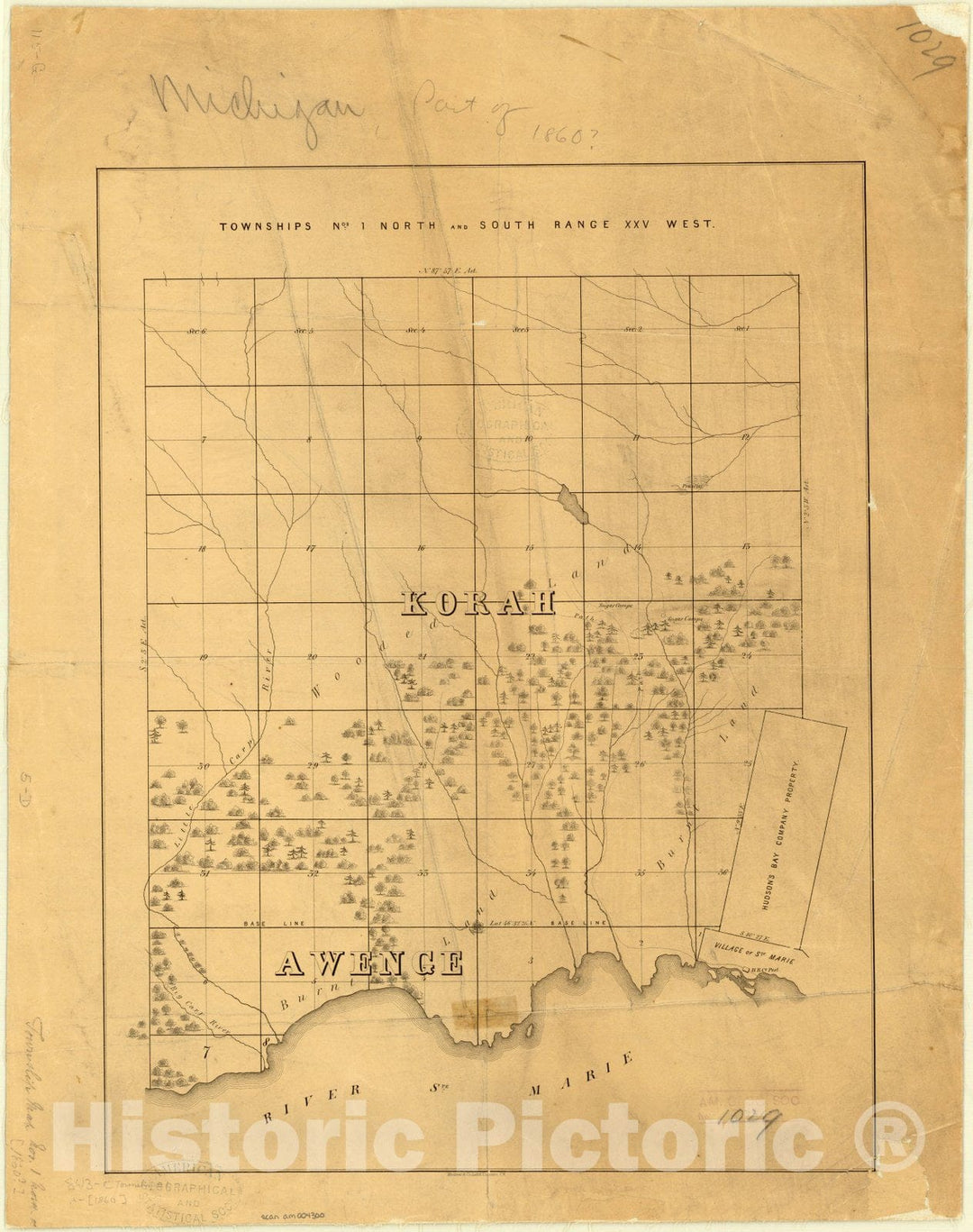 Map : Michigan 1860, Townships nos. 1 north and south range XXV west, Antique Vintage Reproduction