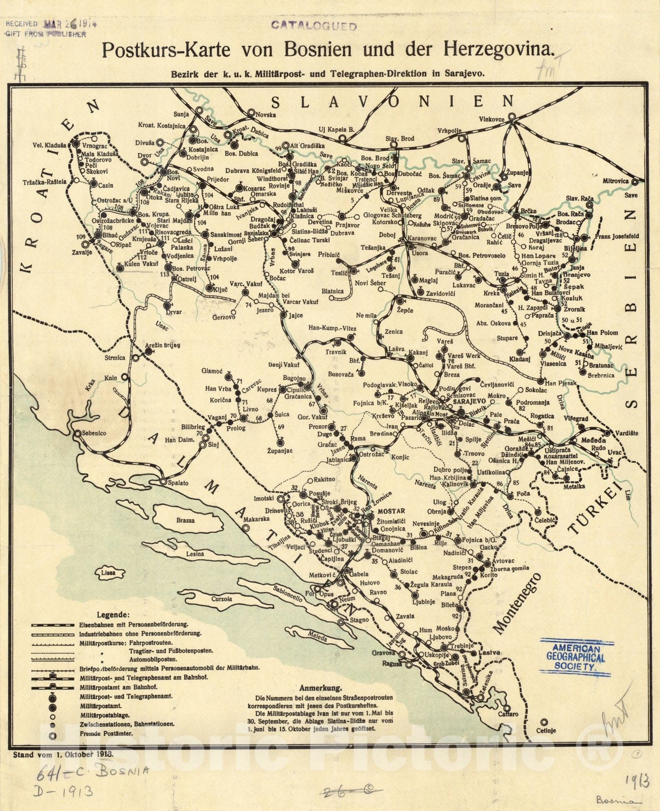 Map : Bosnia and Herzegovina 1913, Postkurs-Karte von Bosnien und der Herzegovina , Antique Vintage Reproduction