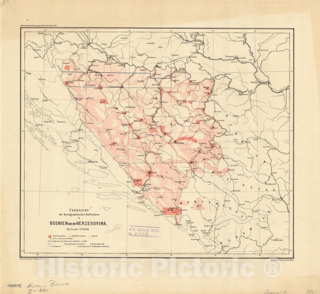 Map : Bosnia and Herzegovina 1881, Ubersicht der kartographischen Aufnahmen in Bosnien und der Herzegovina, Antique Vintage Reproduction